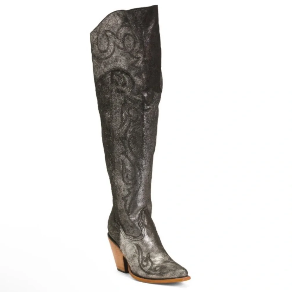 Corral Boots Metallic Tall OTK Silver Black Suede Leather Western Boots Z5245